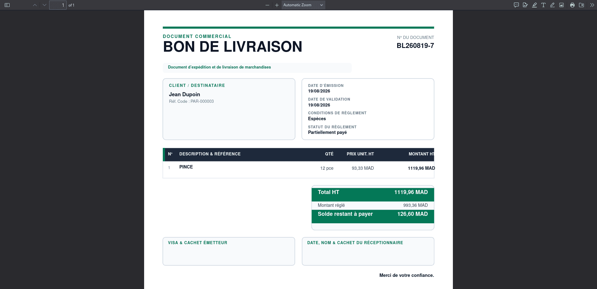 DPS Gestion delivery note with payment status and remaining balance