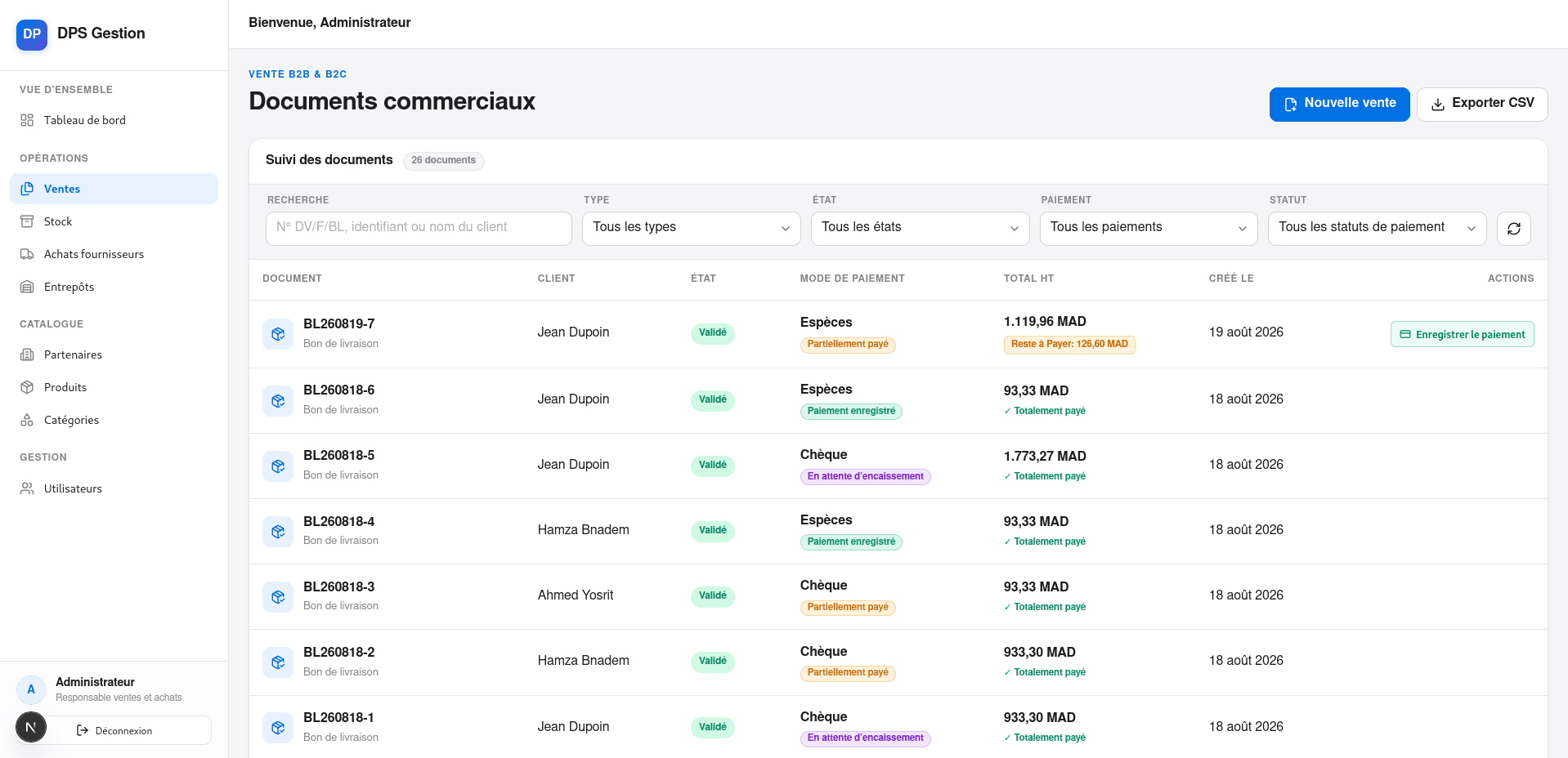 DPS Gestion sales workflow connecting delivery notes, invoices, payments and stock