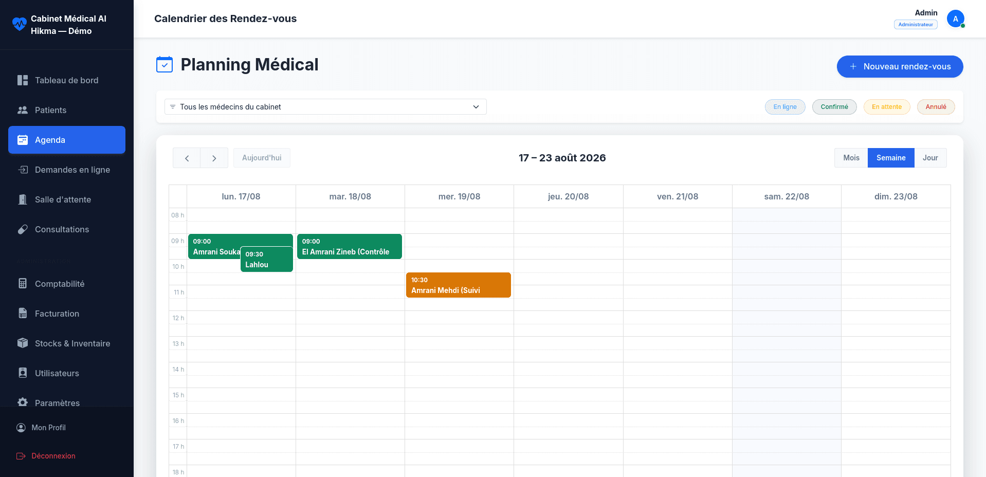 Med’OC clinic appointment calendar and scheduling interface