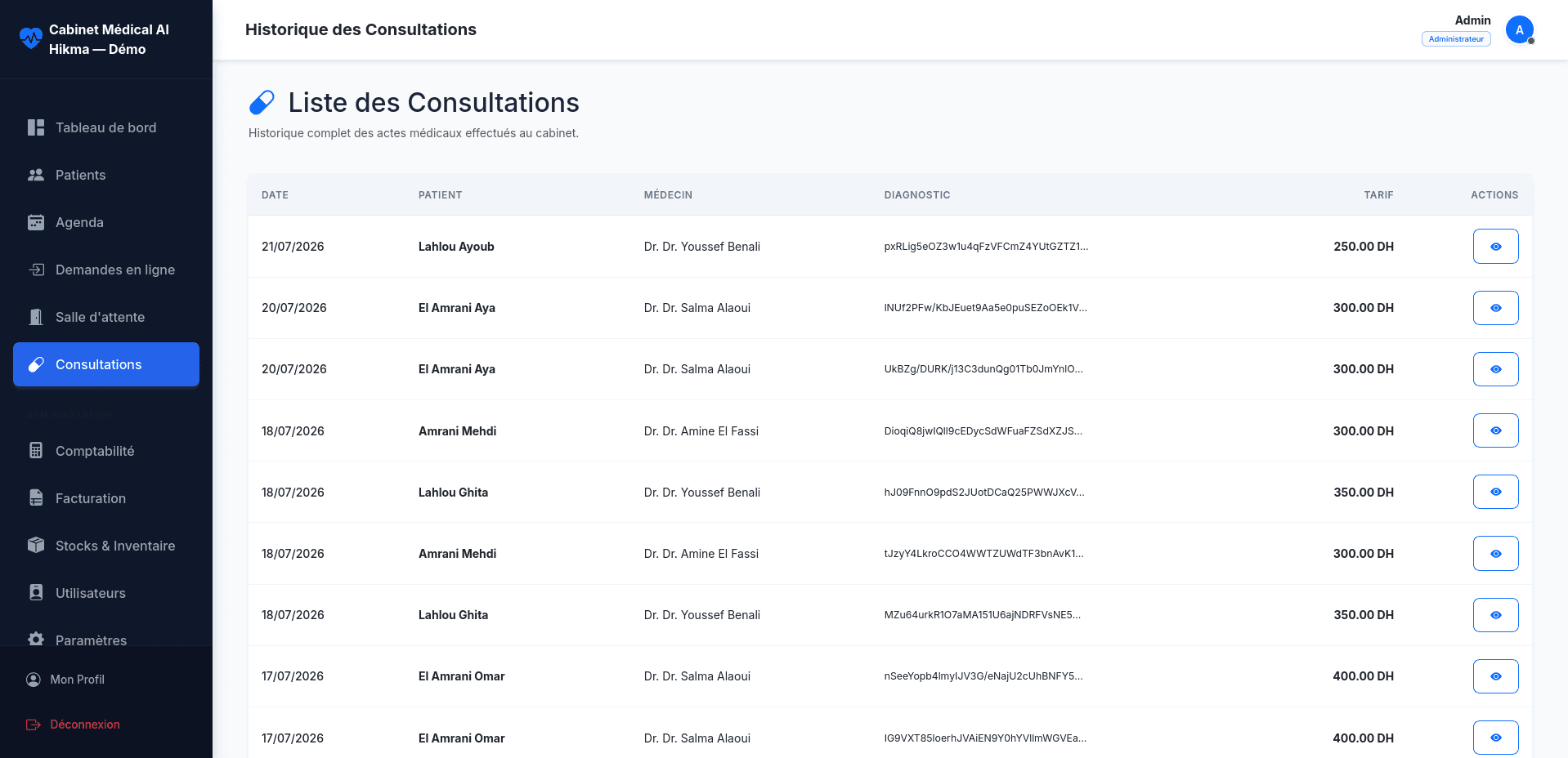 Med’OC patient consultation history and clinical records interface